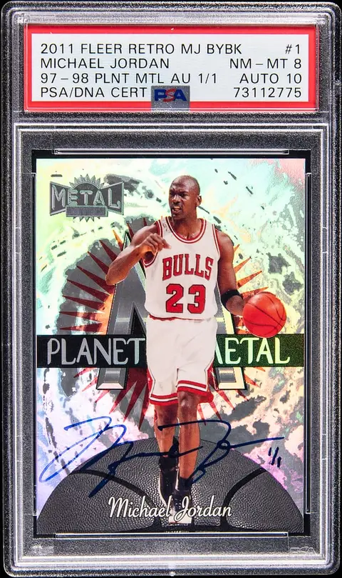 1997-98 SkyBox Metal Universe Planet Metal '11-12 Fleer Retro MJ Buyback Autograph #1PM Michael Jordan Signed Card (#1/1) - PSA NM-MT 8, PSA/DNA GEM MT 10