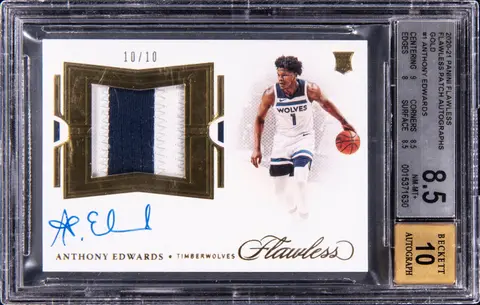2020-21 Panini Flawless Patch Autographs Gold #FPA-ANT Anthony Edwards Signed Patch Rookie Card (#10/10) - BGS NM-MT+ 8.5, Beckett 10