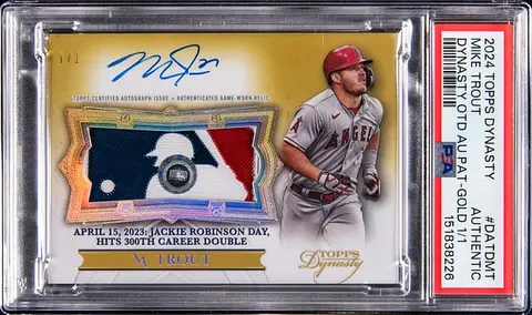 2024 Topps Dynasty On This Day Autographed Patch Gold #DATD-MT Mike Trout Signed, Game-Used Logoman Patch Card (#1/1) - PSA Authentic, MLB Authenticated