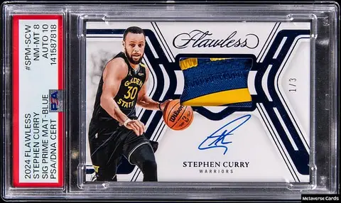 2024-25 Panini Flawless Signature Prime Materials Blue #SPM-SCW Stephen Curry Signed Patch Card (#1/3) - PSA NM-MT 8, PSA/DNA GEM MT 10 - Pop 1