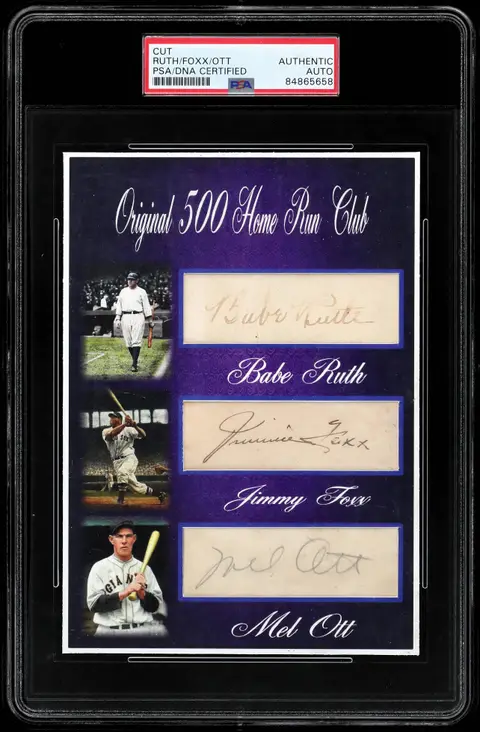 Babe Ruth, Jimmie Foxx, Mel Ott Original 500-Home Run Club Multi-Signed Cut Display - PSA/DNA Authentic