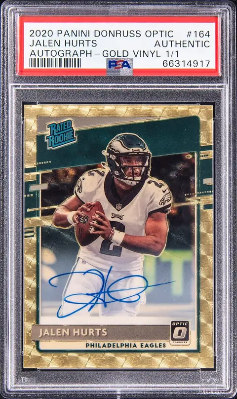 2020 Panini Donruss Optic Rated Rookies Autographs Gold Vinyl Prizm #164 Jalen Hurts Signed Rookie Card (#1/1) - Jersey Number - PSA Authentic