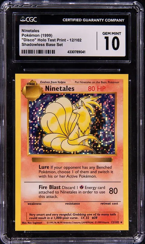 1999 Pokemon Base Set Shadowless Disco Holo Test Print #12 Ninetales - CGC GEM MINT 10 - Pop 3