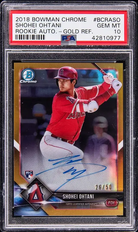 2018 Bowman Chrome Rookie Autographs Gold Refractor #BCRA-SO Shohei Ohtani Signed Rookie Card (#26/50) - PSA GEM MT 10