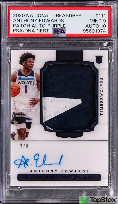 2020-21 Panini National Treasures Rookie Patch Autographs (RPA) Purple 1st Off the Line (FOTL) #111 Anthony Edwards Signed Patch Rookie Card (#2/8) - PSA MINT 9, PSA/DNA GEM MT 10 - Pop 1