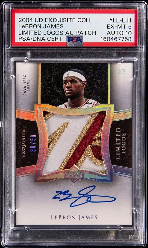 2004-05 Upper Deck Exquisite Collection Limited Logos Autograph Patch #LL-LJ1 LeBron James Signed Patch Card (#30/50) - PSA EX-MT 6, PSA/DNA GEM MT 10