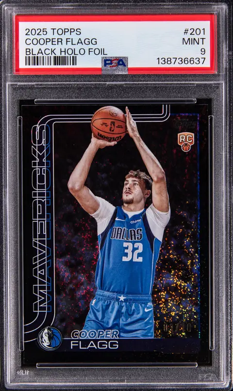 2025-26 Topps Black Holo Foil #201 Cooper Flagg Rookie Card (#02/10) - College Jersey Number - PSA MINT 9 - Pop 1