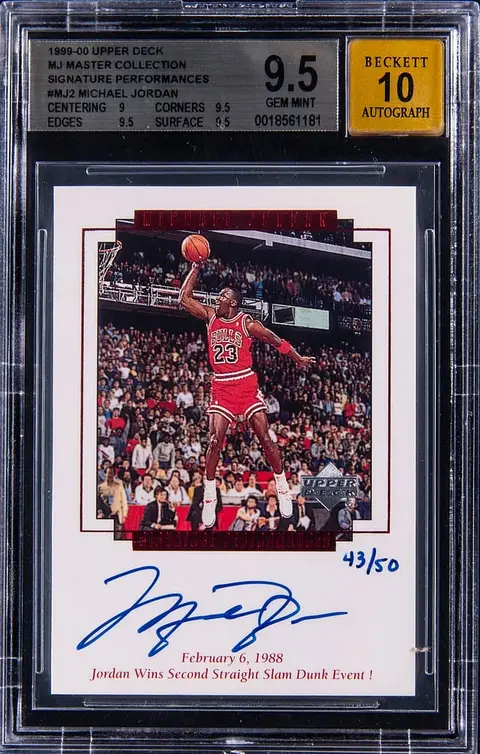 1999-00 Upper Deck MJ Master Collection Signature Performances #MJ2 Michael Jordan Signed Card (#43/50) - BGS GEM MINT 9.5, Beckett 10