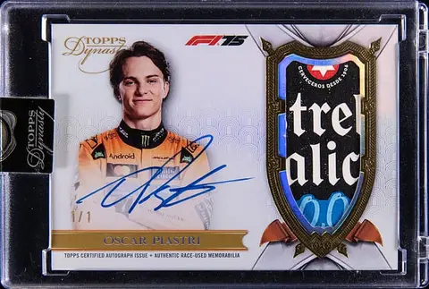 2025 Topps Dynasty F1 Autographed Patch Gold #DAP-OPIVII Oscar Piastri Signed, Race-Used Patch Card (#1/1) - Topps Encased