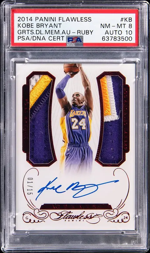 2014-15 Panini Flawless Greats Dual Memorabilia Autograph Ruby #GDM-KB Kobe Bryant Signed Patch Card (#01/15) - PSA NM-MT 8, PSA/DNA GEM MT 10