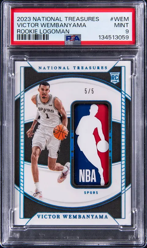 2023-24 Panini National Treasures Rookie Logoman #RL-WEM Victor Wembanyama Patch Rookie Card (#5/5) - PSA MINT 9