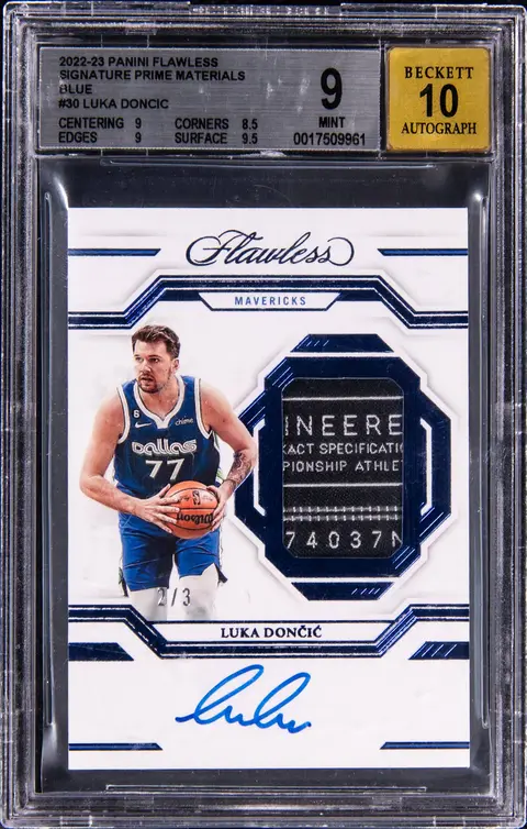 2022-23 Panini Flawless Signature Prime Materials Blue #SPA-LUD Luka Doncic Signed Patch Card (#2/3) - BGS MINT 9, Beckett 10