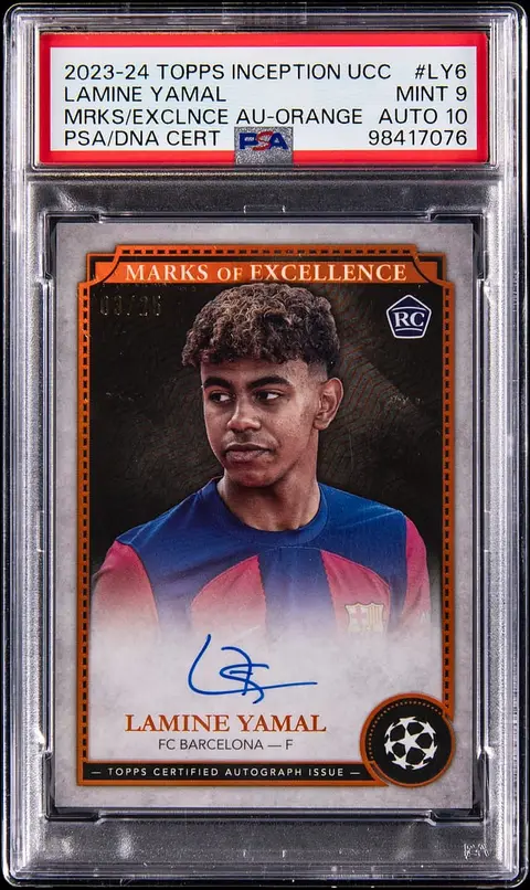 2023-24 Topps Inception UCC Marks of Excellence Autographs Orange #EX-LY6 Lamine Yamal Signed Rookie Card (#03/25) - PSA MINT 9, PSA/DNA GEM MT 10
