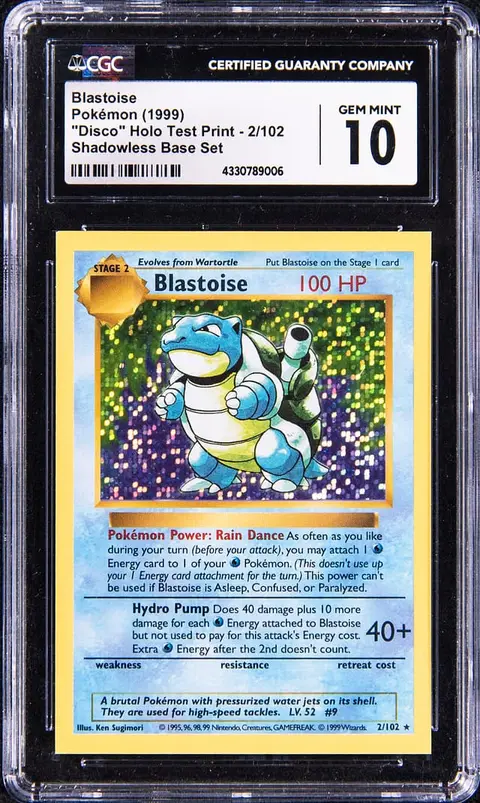1999 Pokemon Base Set Shadowless Disco Holo Test Print #2 Blastoise - CGC GEM MINT 10 - Pop 3