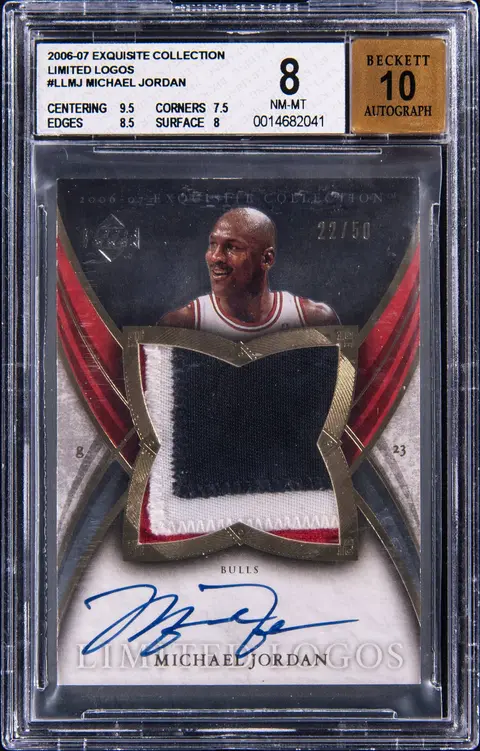 2006-07 Upper Deck Exquisite Collection Limited Logos #LL-MJ Michael Jordan Signed Game-Used Patch Card (#22/50) - BGS NM-MT 8, Beckett 10