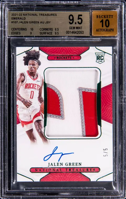 2021-22 Panini National Treasures Rookie Patch Autograph (RPA) Emerald #107 Jalen Green Signed Patch Rookie Card (#5/5) - BGS GEM MINT 9.5, Beckett 10 - Pop 1