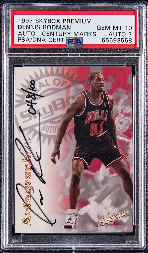 1997-98 SkyBox Premium Autographics Century Marks Dennis Rodman Signed Card (#048/100) - PSA GEM MT 10, PSA/DNA NM 7 - Pop 2