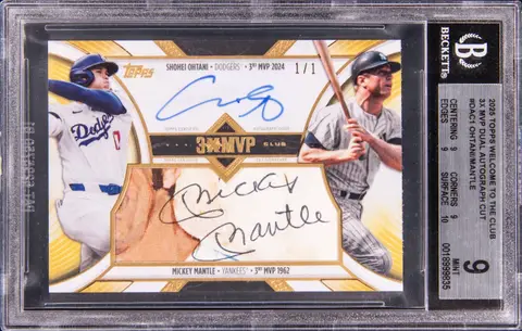 2025 Topps Welcome To The Club 3x MVP Dual Autograph Cut #DA-C1 Shohei Ohtani/Mickey Mantle Dual-Signed Card (#1/1) - BGS MINT 9