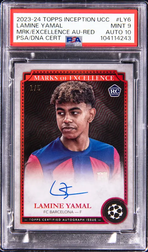 2023-24 Topps Inception UCC Marks Of Excellence Autographs Red #EX-LY6 Lamine Yamal Signed Rookie Card (#1/5) - PSA MINT 9, PSA/DNA GEM MT 10 - Pop 3