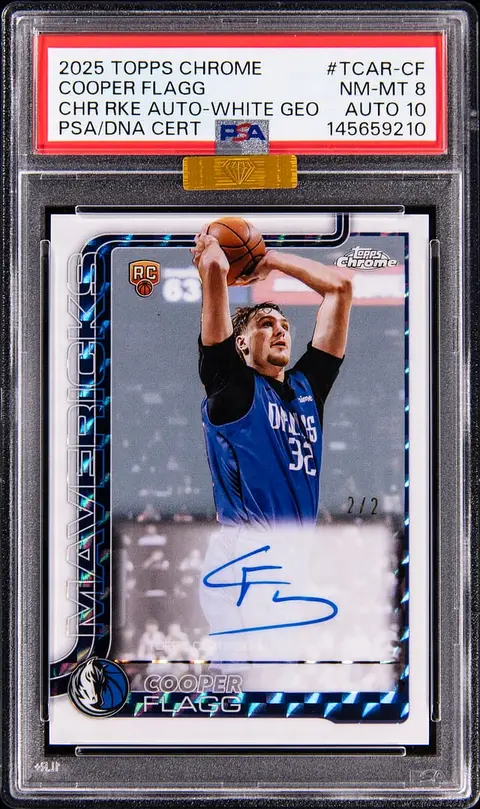 2025-26 Topps Chrome Rookie Autographs White Geometric Refractor #TCAR-CF Cooper Flagg Signed Rookie Card (#2/2) - PSA NM-MT 8, PSA/DNA GEM MT 10 - MBA Gold Diamond Certified