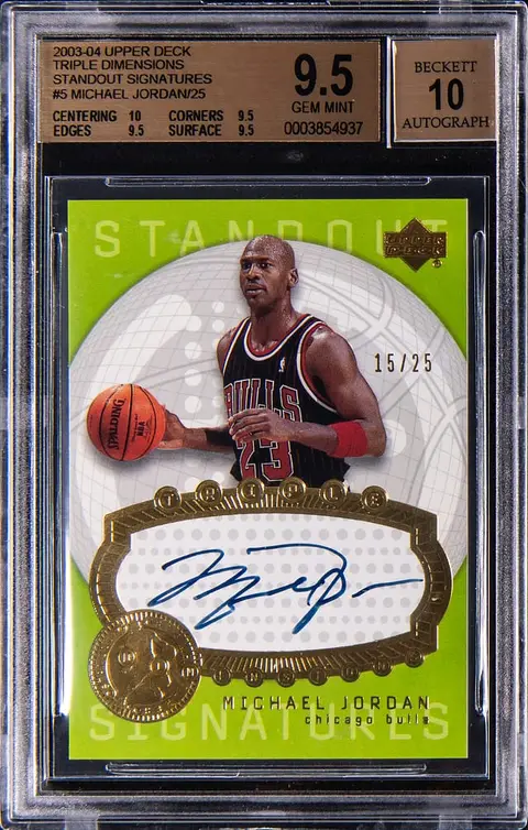2003-04 Upper Deck Triple Dimensions Standout Signatures #STA5 Michael Jordan Signed Card (#15/25) - BGS GEM MINT 9.5, Beckett 10 - True Gem+