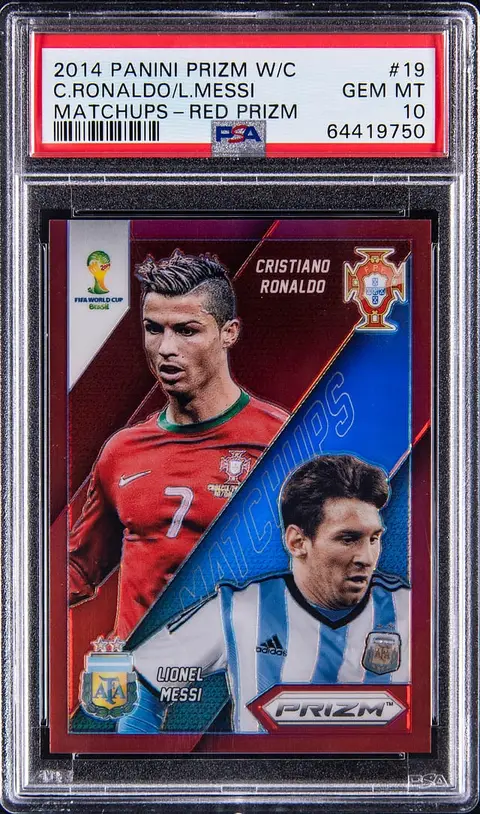 2014 Panini Prizm World Cup Matchups Red Prizm #19 Cristiano Ronaldo/Lionel Messi (#120/149) - PSA GEM MT 10
