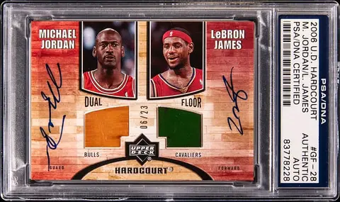 2006-07 Upper Deck Hardcourt Dual Autographs Game Floor #GF-28 Michael Jordan/LeBron James Dual-Signed Game-Used Relic Card (#06/23) - James' Jersey Number - PSA/DNA Authentic