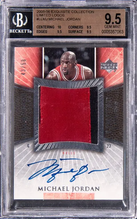2005-06 Upper Deck Exquisite Collection Limited Logos #LL-MJ Michael Jordan Signed Game-Used Patch Card (#43/50) - BGS GEM MINT 9.5, Beckett 10 - True Gem+