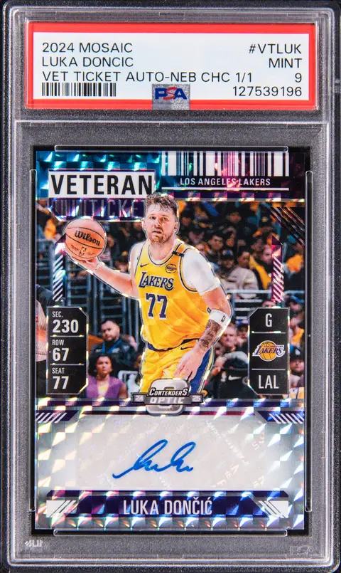 2024-25 Panini Mosaic Veteran Ticket Autographs Nebula Choice #VT-LUK Luka Doncic Signed Card (#1/1) - PSA MINT 9