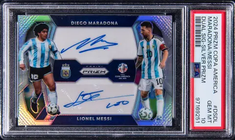 2024 Panini Prizm Copa America Dual Signatures Silver Prizm #DS-DL Diego Maradona/Lionel Messi Dual-Signed Card (#02/10) - PSA GEM MT 10 - Pop 2