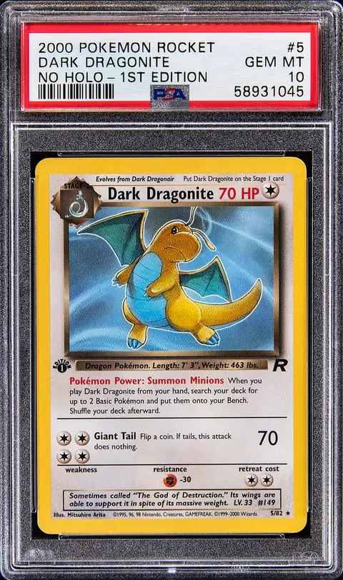 2000 Pokemon Rocket 1st Edition No Holo Error #5 Dark Dragonite - PSA GEM MT 10