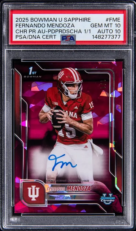 2025 Bowman U Sapphire Chrome Prospect Autographs Padparadscha #BCA-FME Fernando Mendoza Signed Rookie Card (#1/1) - PSA GEM MT 10, PSA/DNA GEM MT 10