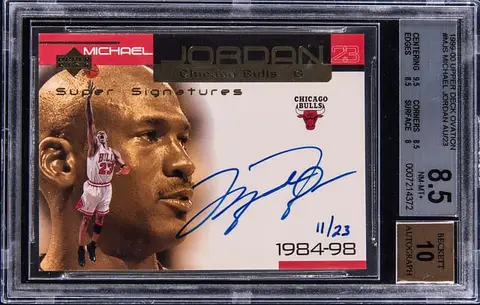 1999-00 Upper Deck Ovation Super Signatures #MJ-S Michael Jordan Signed Card (#11/23) - BGS NM-MT+ 8.5, Beckett 10
