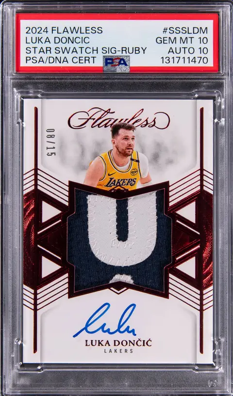 2024-25 Panini Flawless Star Swatch Signatures Ruby #SSS-LDM Luka Doncic Signed Patch Card (#08/15) - PSA GEM MT 10, PSA/DNA GEM MT 10 - Pop 1