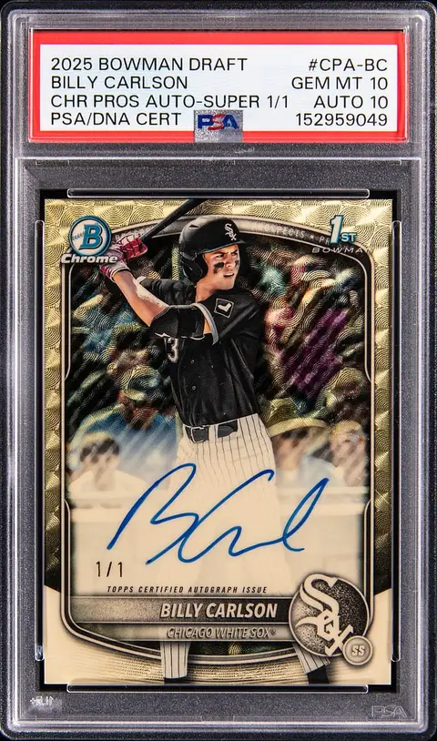 2025 Bowman Draft Chrome Prospect Autographs SuperFractor #CPA-BC Billy Carlson Signed Rookie Card (#1/1) - PSA GEM MT 10, PSA/DNA GEM MT 10