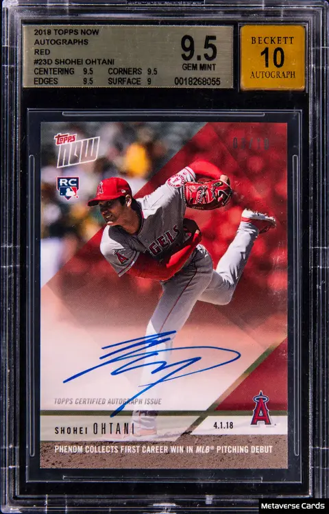 2018 Topps Now Autographs Red #23D Shohei Ohtani Signed Rookie Card (#03/10) - BGS GEM MINT 9.5, Beckett 10
