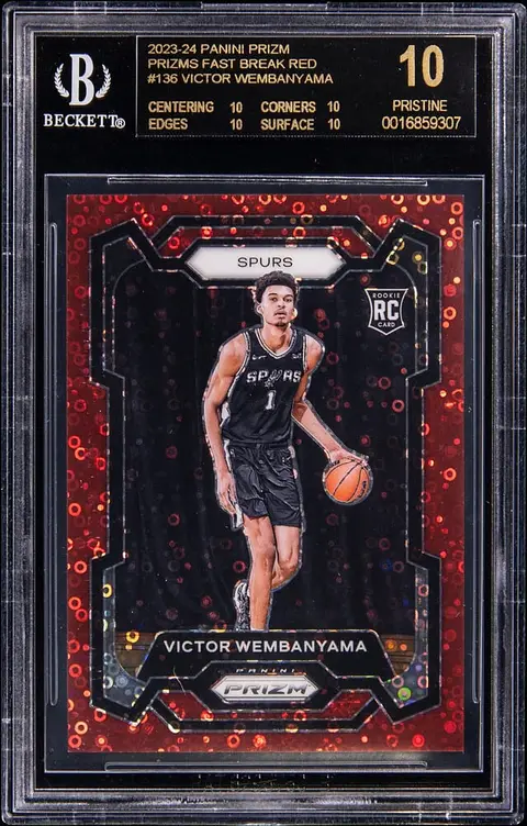 2023-24 Panini Prizm Red Fast Break Prizm #136 Victor Wembanyama Rookie Card (#024/100) - BGS PRISTINE/Black Label 10 - Pop 1