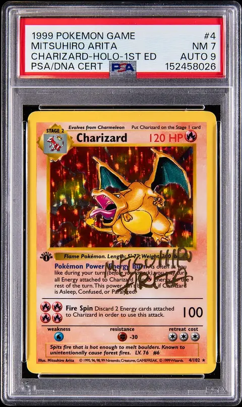 1999 Pokemon Base Set 1st Edition Holo #4 Charizard Signed By Mitsuhiro Arita - PSA NM 7, PSA/DNA MINT 9
