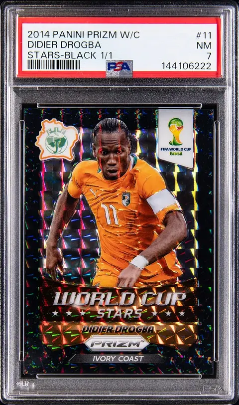 2014 Panini Prizm World Cup Stars Black Prizm #11 Didier Drogba (#1/1) - PSA NM 7