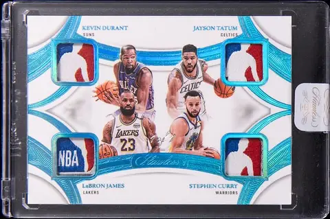 2024-25 Panini Flawless Quad Patches Platinum #QP-GLD Kevin Durant/LeBron James/Jayson Tatum/Stephen Curry Logoman Patch Card (#1/1) - Panini Encased