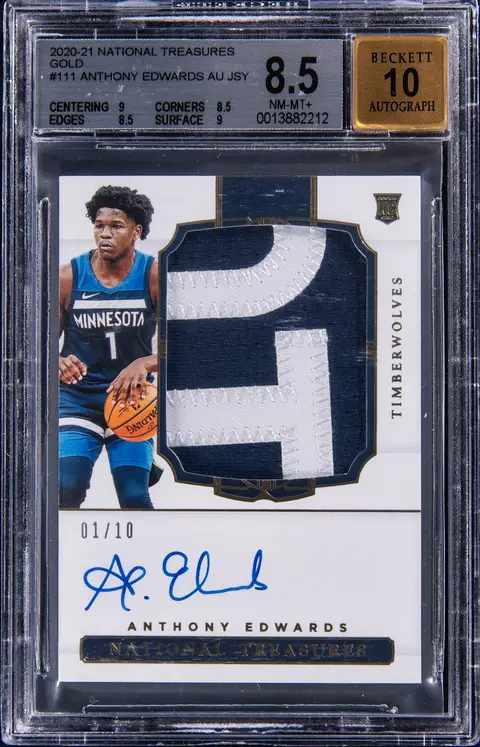 2020-21 Panini National Treasures Rookie Patch Autograph (RPA) Gold #111 Anthony Edwards Signed Patch Rookie Card (#01/10) - Jersey Number - BGS NM-MT+ 8.5, Beckett 10