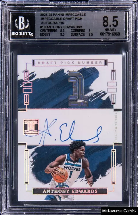 2023-24 Panini Impeccable Draft Pick Autographs #IDA-ANT Anthony Edwards Signed Card (#1/1) - Jersey Number - BGS NM-MT+ 8.5