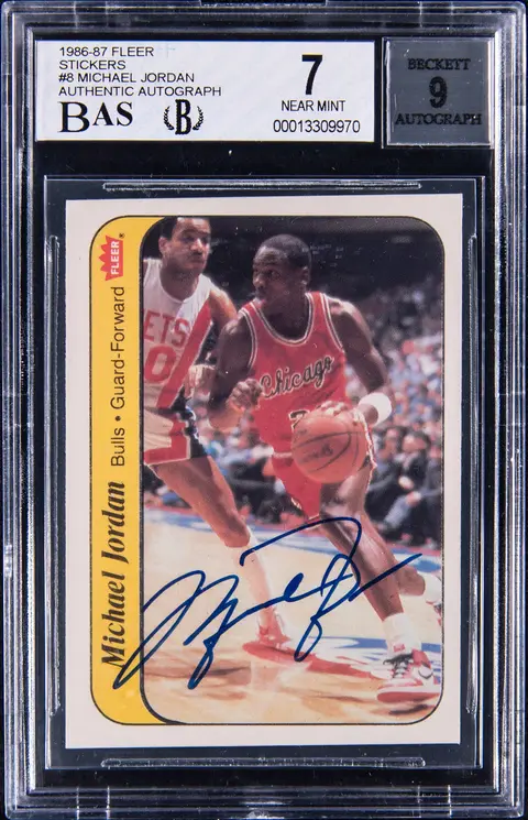 1986-87 Fleer Sticker #8 Michael Jordan Signed Rookie Card - BGS NM 7, Beckett 9, UDA