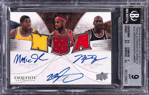 2007-08 Upper Deck Exquisite Collection Triple Autographs Jerseys #ETA-JJJ Michael Jordan/Magic Johnson/LeBron James Multi-Signed Game-Used Relic Card (#3/3) - BGS MINT 9, Beckett 10