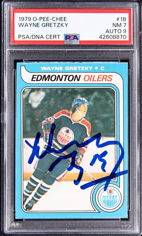 1979-80 O-Pee-Chee #18 Wayne Gretzky Signed Rookie Card - PSA NM 7, PSA/DNA MINT 9