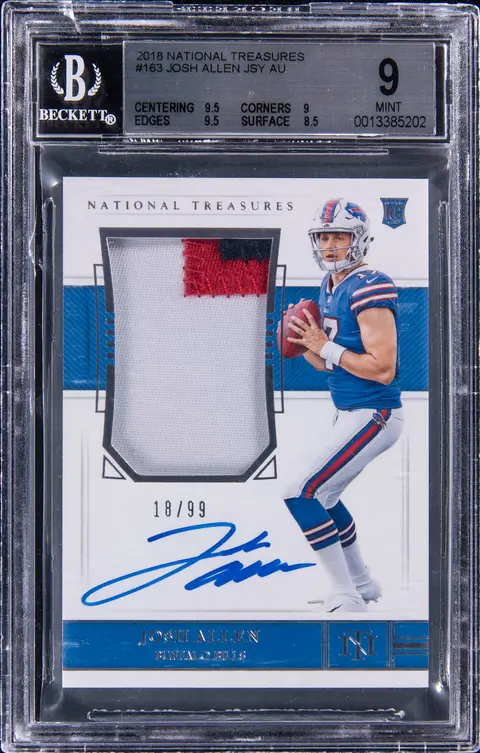 2018 Panini National Treasures Rookie Patch Autograph (RPA) #163 Josh Allen Signed Patch Rookie Card (#18/99) - BGS MINT 9, Beckett 10