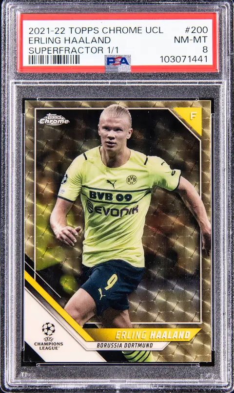 2021-22 Topps Chrome UEFA Champions League SuperFractor #200 Erling Haaland (#1/1) - PSA NM-MT 8