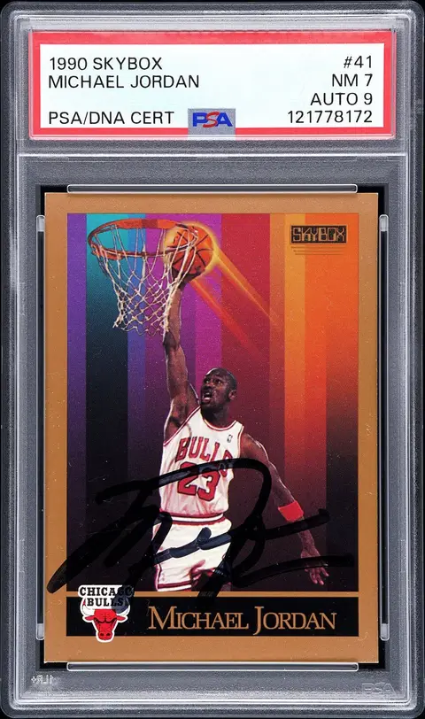1990-91 Skybox #41 Michael Jordan Signed Card - PSA NM 7, PSA/DNA MINT 9