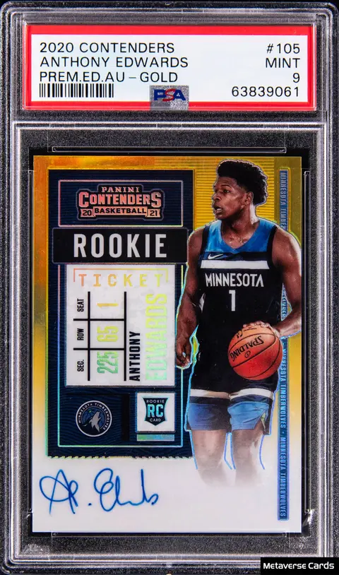 2020-21 Panini Contenders Premium Edition Rookie Ticket Autograph Gold #105 Anthony Edwards Signed Rookie Card (#03/10) - PSA MINT 9