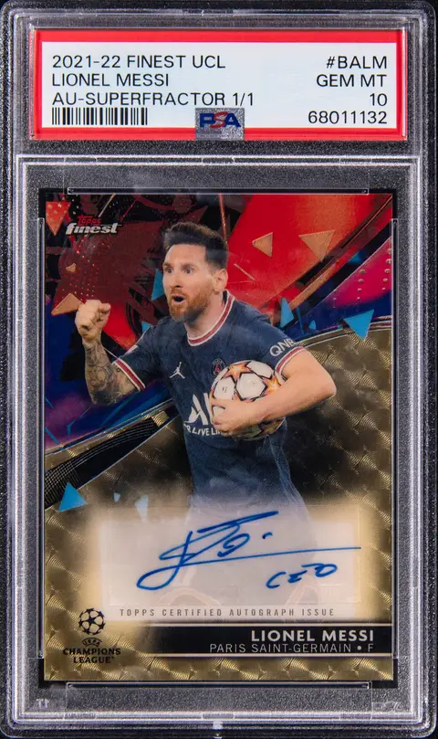 2021-22 Topps Finest UCL Autographs SuperFractor #BA-LM Lionel Messi Signed Card (#1/1) - PSA GEM MT 10
